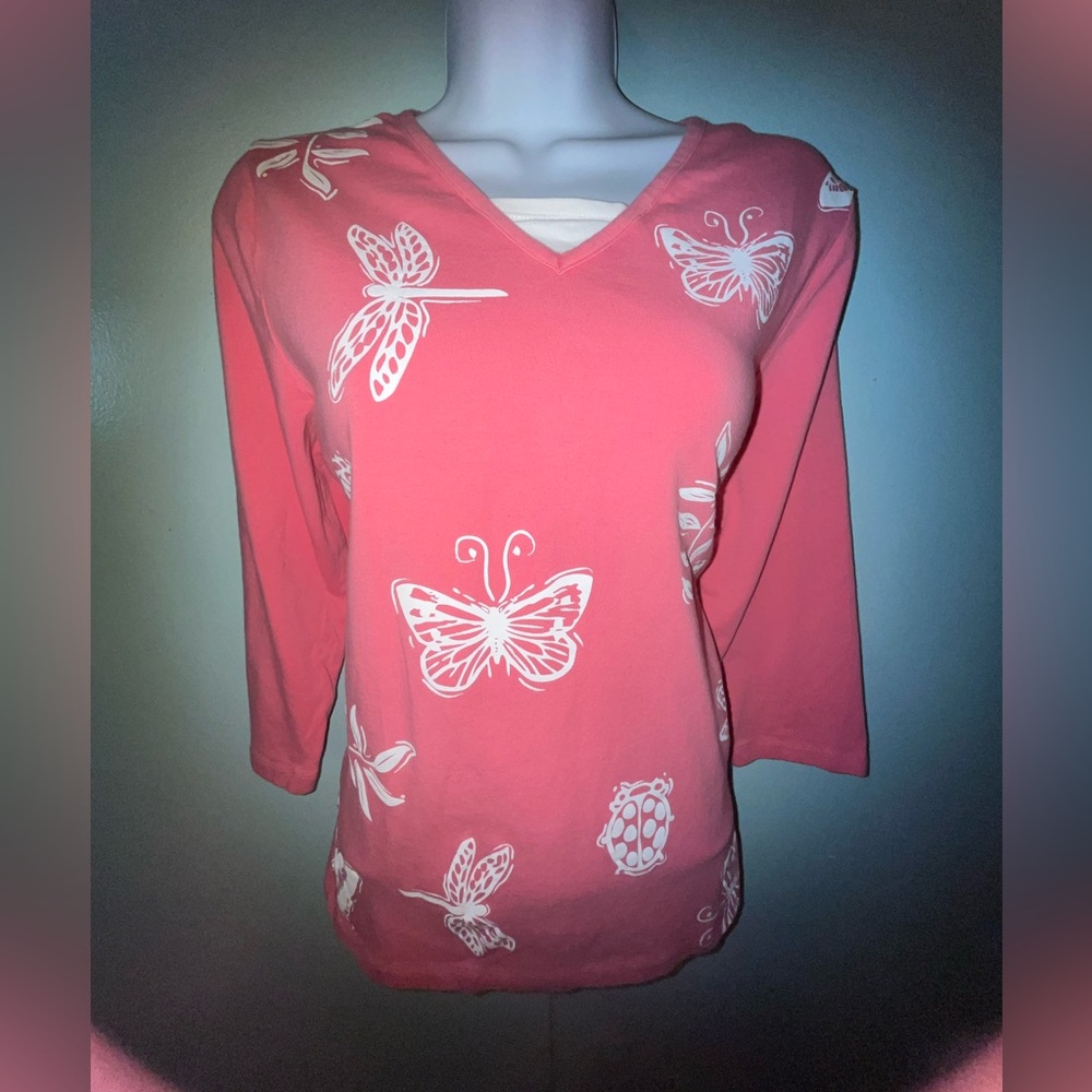 Toffee Apple Blouse‎ Large Pink Coral Butterflies Ladybugs
